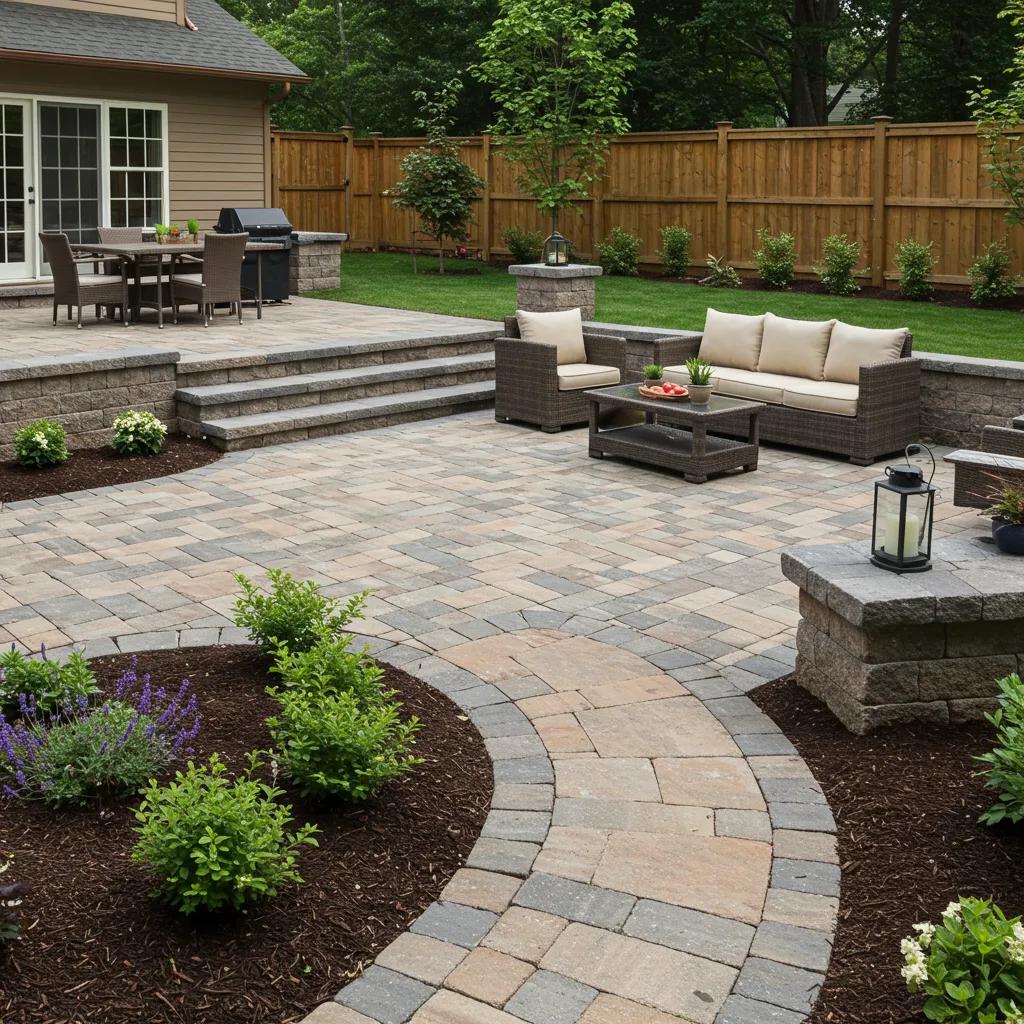 Transformed backyard in Mississauga showcasing hardscaping elements like patios and walkways