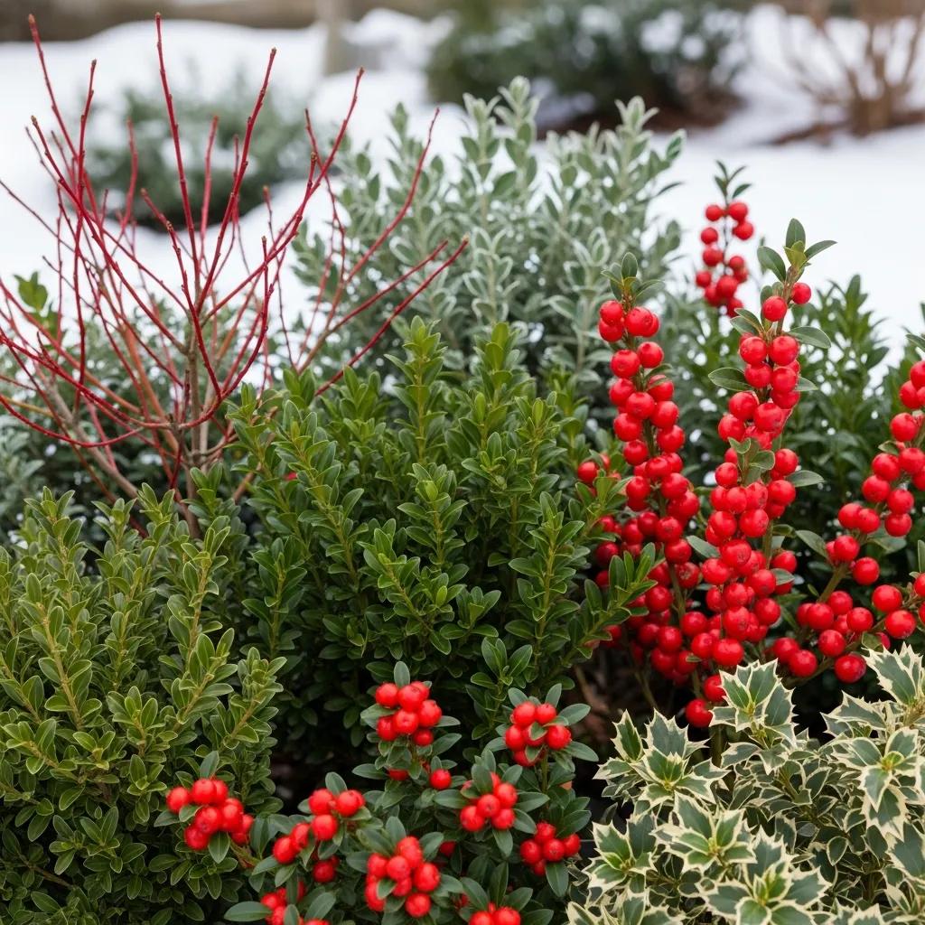 creating winter interest in your landscape close-up of cold-season plants like boxwood and red twig dogwood in a winter garden