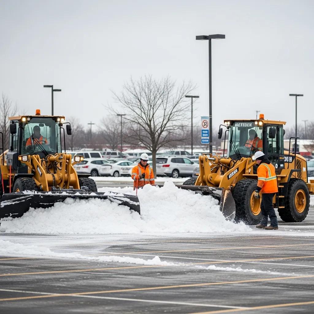 essential winter landscaping tips & maintenance services crew clearing a mississauga parking lot during winter