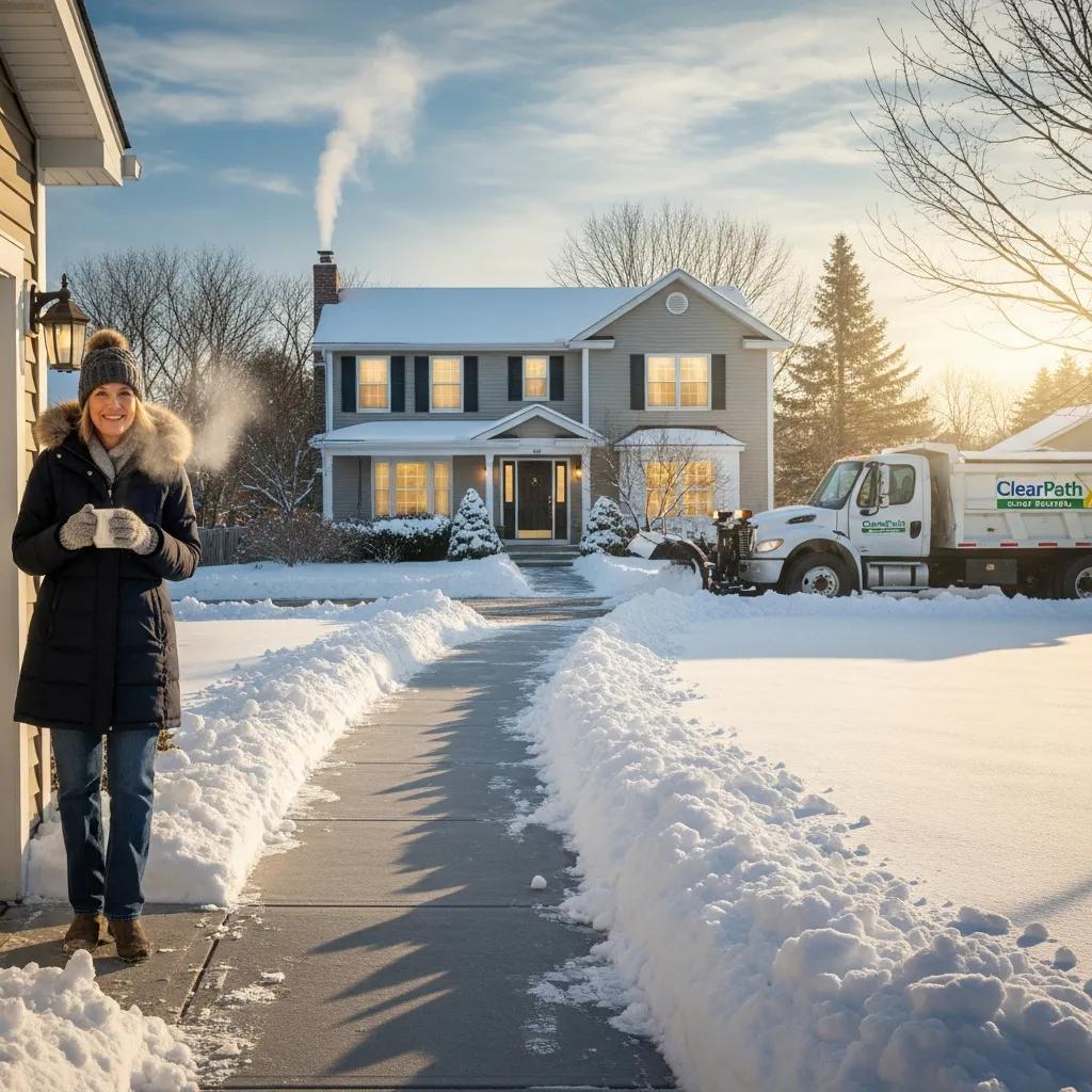 essential winter landscaping tips & maintenance services homeowner walking up a cleared driveway after residential snow plowing