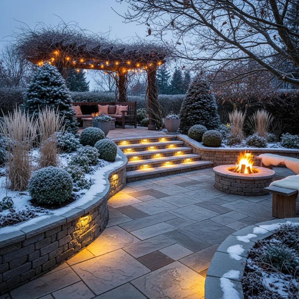 creating winter interest in your landscape winter garden with stone patios, retaining walls and structural hardscape elements