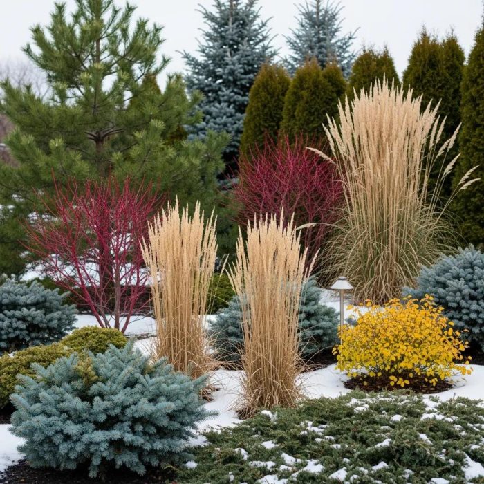 home winter landscape in mississauga showcasing cold-hardy evergreens and ornamental shrubs