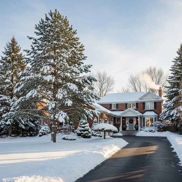 home winter landscaping in mississauga with snow-covered lawns and evergreen trees
