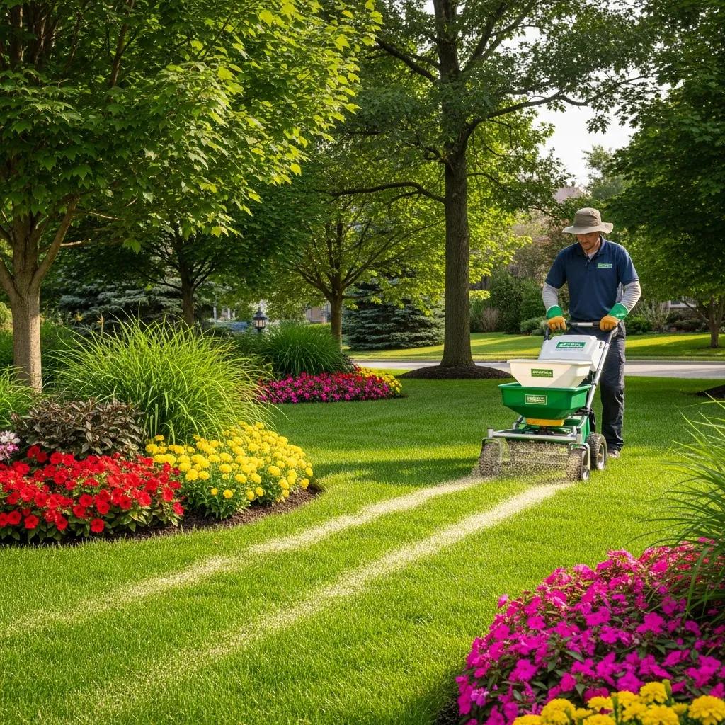custom lawn fertilization programs for healthy grass lush green lawn with a gardener applying fertilizer in a sunny mississauga neighborhood
