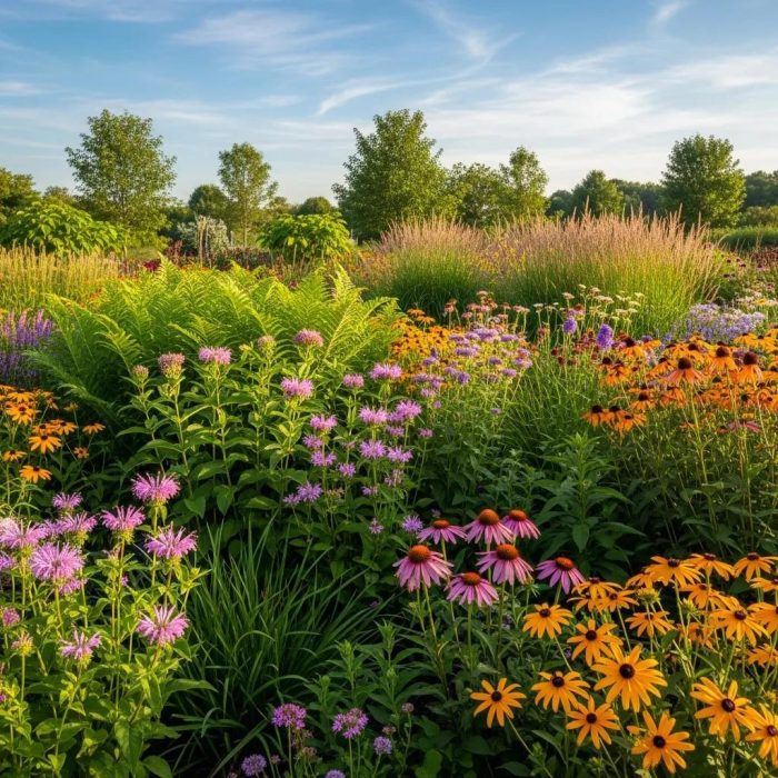 home vibrant native plants in a sustainable ontario garden, highlighting biodiversity and ecological health