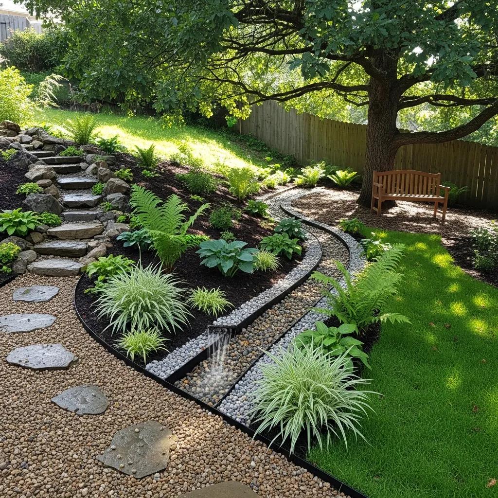 expert landscaping ideas for sloped backyards: practical solutions for beautiful, functional outdoor spaces french drain system in a sloped backyard managing water runoff with lush vegetation