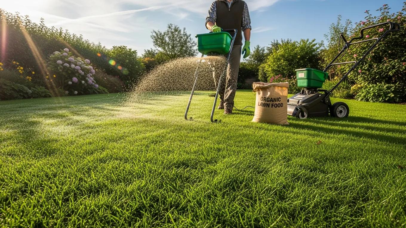 how to care for your lawn: expert lawn maintenance tips for healthy grass gardener applying organic fertilizer to a healthy lawn, illustrating fertilization techniques