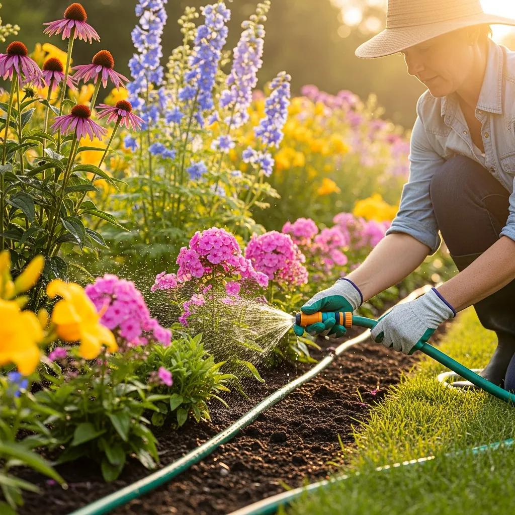 essential perennial garden care tips for thriving blooms: expert guidance for healthy, vibrant gardens gardener using a soaker hose to water perennial flower bed