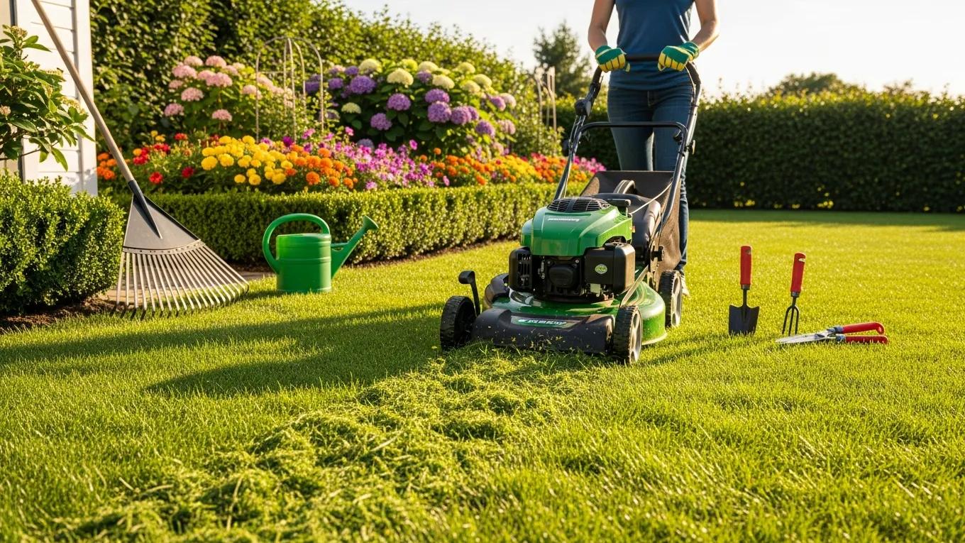 how to professionally cut grass: expert lawn mowing techniques for healthy lawns homeowner managing lawn clippings with a mulching mower in a well-maintained garden