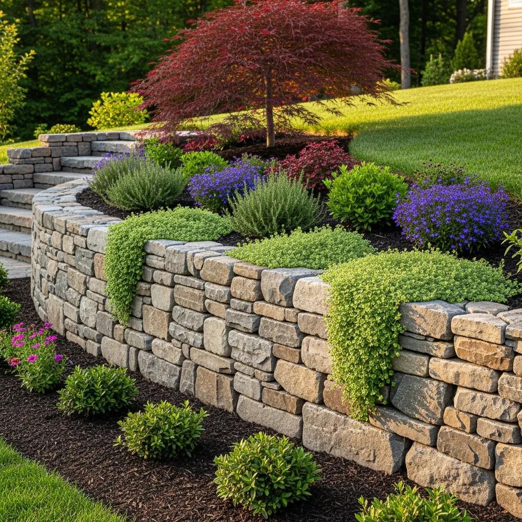 expert landscaping ideas for sloped backyards: practical solutions for beautiful, functional outdoor spaces natural stone retaining wall in a sloped backyard with cascading plants
