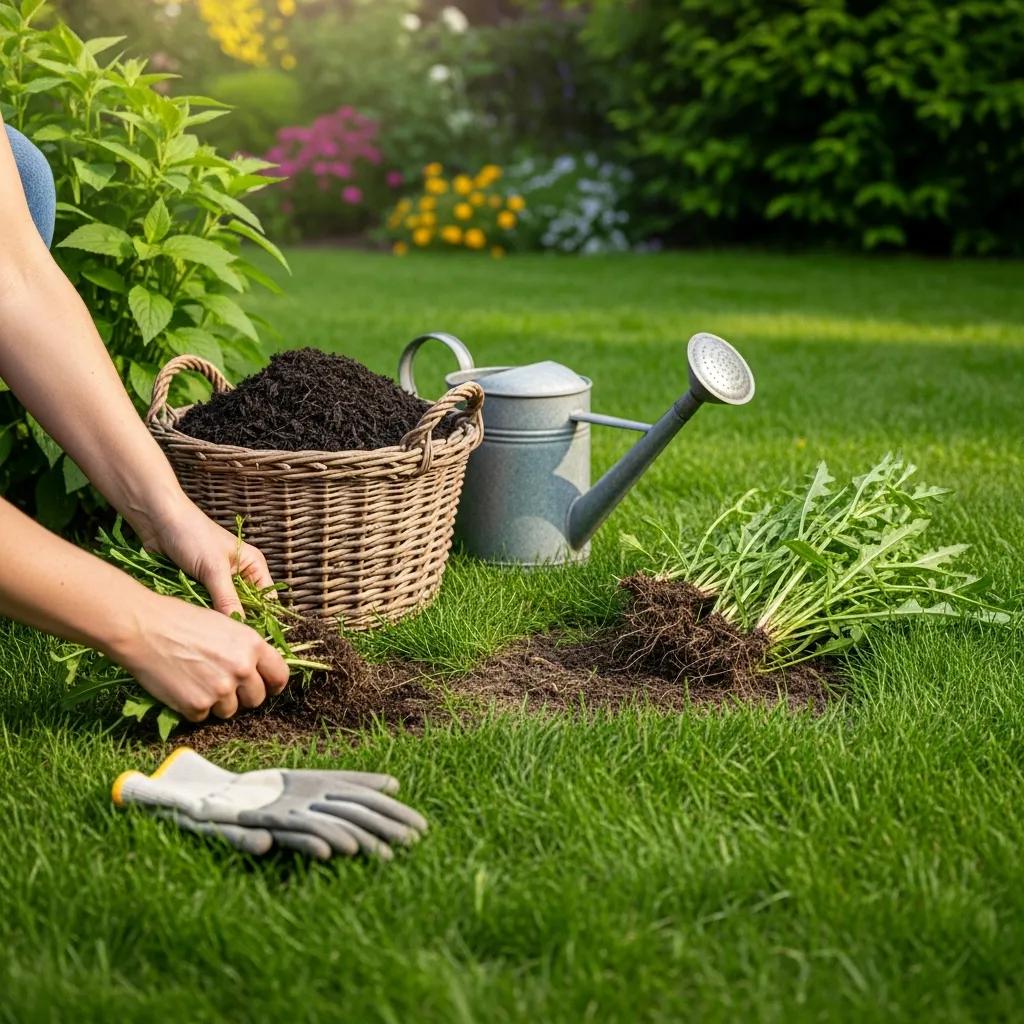 eco-friendly organic lawn care tips for a healthy yard: expert guidance for sustainable lawn maintenance person hand-pulling weeds in a healthy lawn, showcasing natural weed control methods