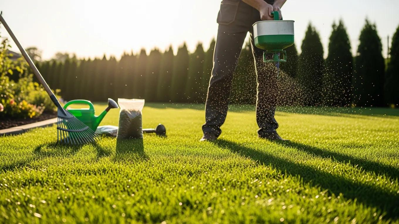 what to do after aerating your lawn: expert steps for healthy lawn recovery person overseeding a green lawn by scattering grass seeds