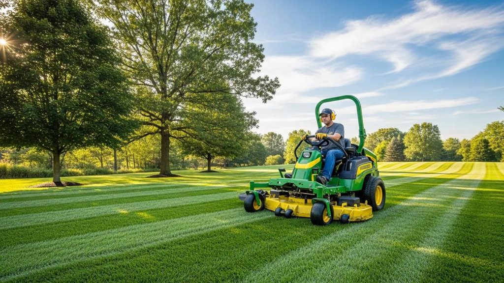 how to professionally cut grass: expert lawn mowing techniques for healthy lawns professional lawn mower cutting a vibrant green lawn under a clear blue sky c8dd7d7b 09fc 4a9c 83bf 803f13c37d69