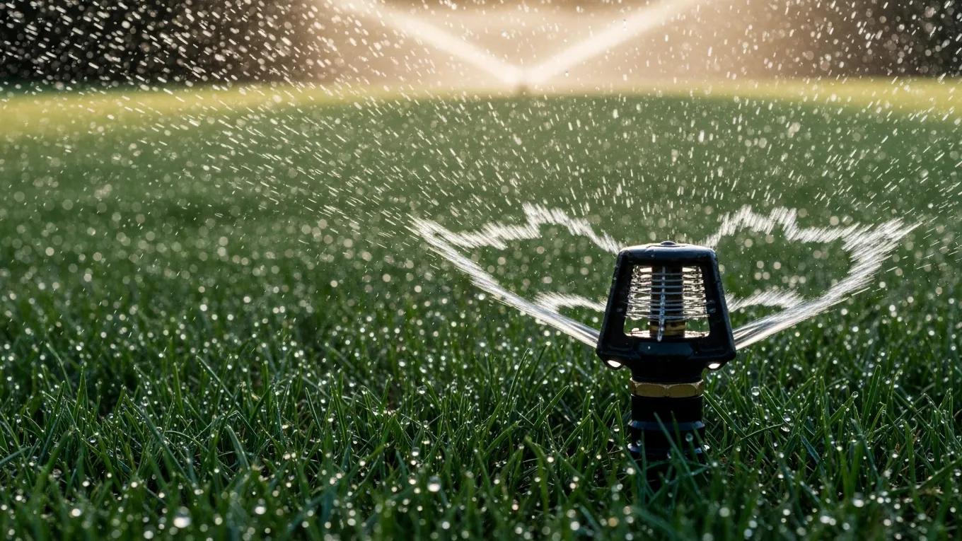how to care for your lawn: expert lawn maintenance tips for healthy grass sprinkler watering a lush lawn, highlighting seasonal watering techniques