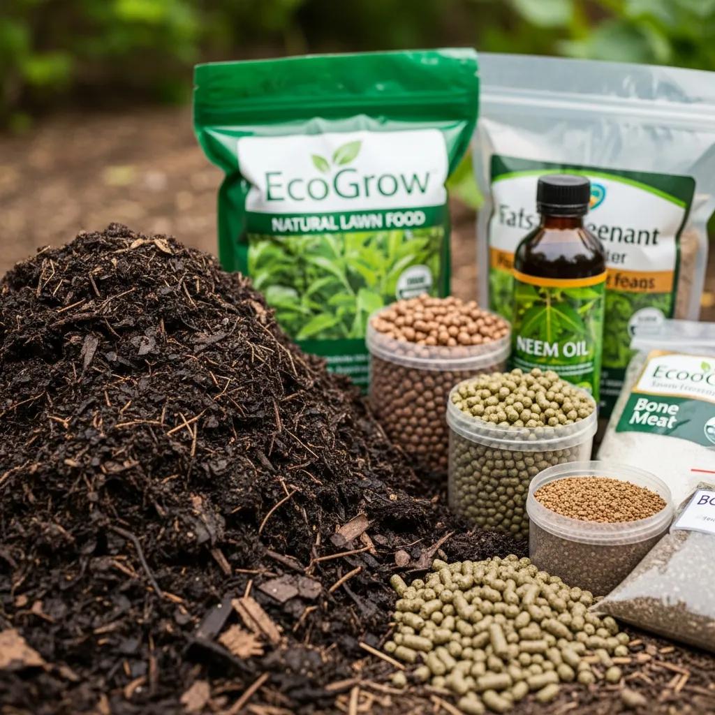 eco-friendly organic lawn care tips for a healthy yard: expert guidance for sustainable lawn maintenance variety of organic fertilizers suitable for canadian lawns displayed in a garden