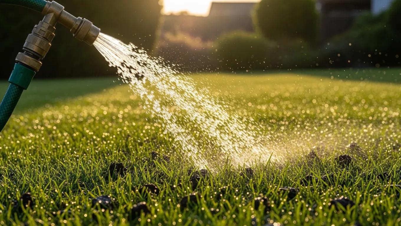 what to do after aerating your lawn: expert steps for healthy lawn recovery watering a freshly aerated lawn with a garden hose under sunlight