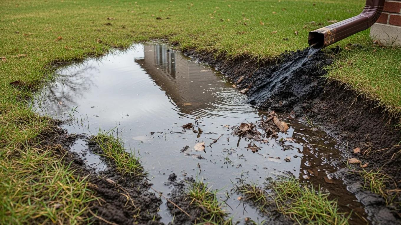yard drainage solutions in mississauga: how to identify and fix problems with french drains and yard grading close-up of a yard with pooling water and soil erosion representing common drainage issues