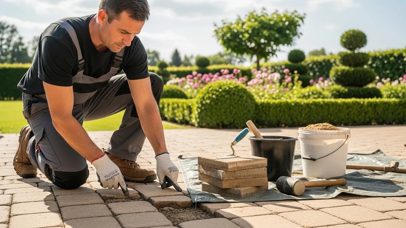 interlocking repair and sealing: when your patio or walkway needs more than cleaning professional landscaper inspecting cracked pavers on an outdoor walkway
