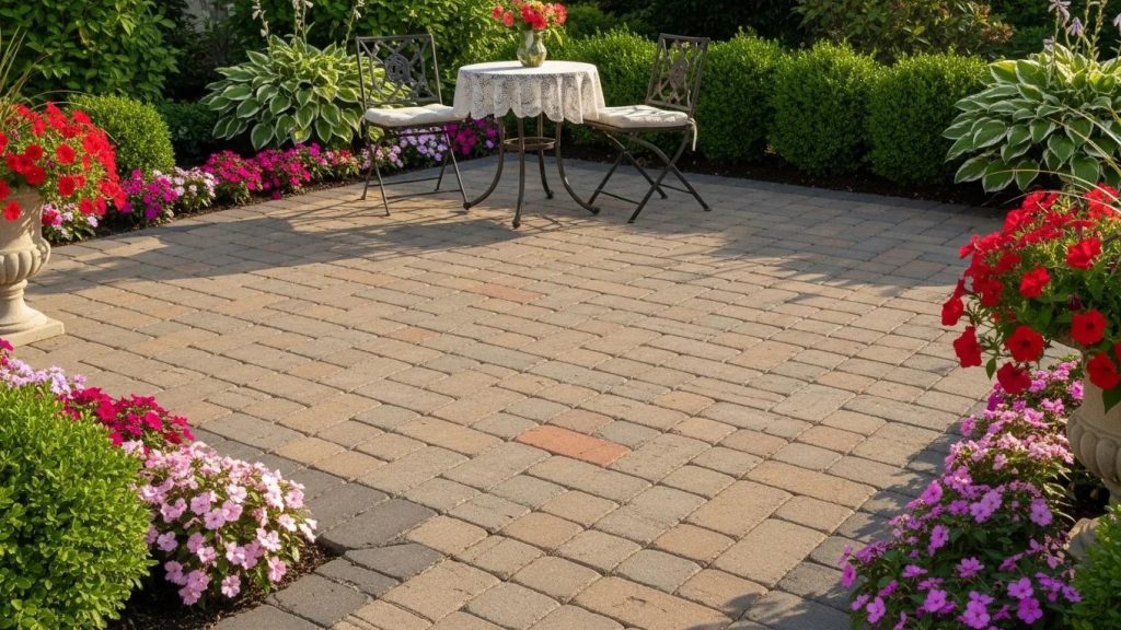 interlocking repair and sealing: when your patio or walkway needs more than cleaning well maintained interlocking patio with colorful flowers and greenery in a sunny environment 5d9d94e1 e73b 426a 999d 1e88475b9f13
