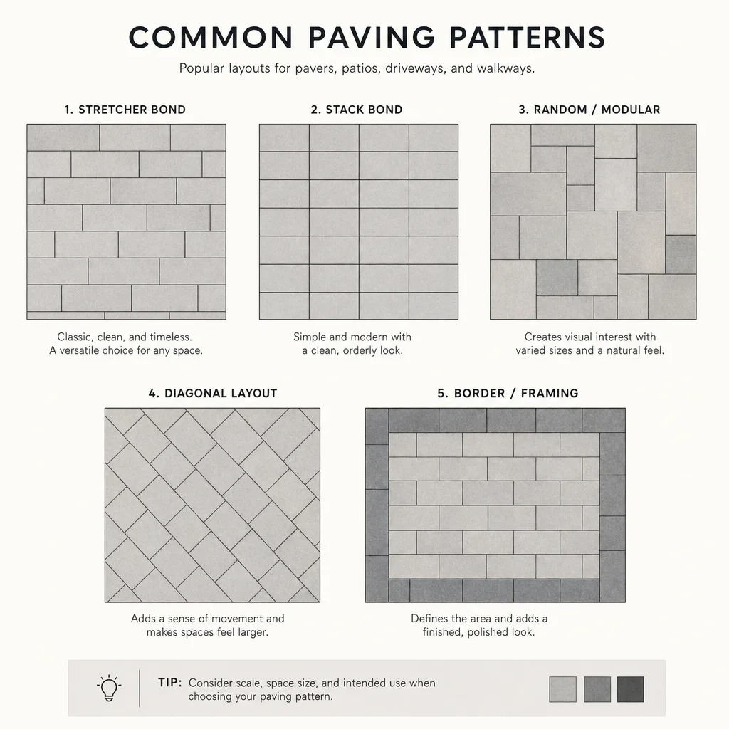 back garden slab ideas: 27 design ideas, layouts & budget tips a diagram showing common back garden paving slab layout patterns.