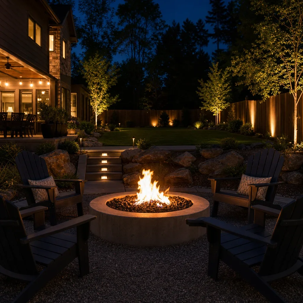 backyard fire pit ideas: layouts, materials, budget & safety a fire pit area lit with path lights and soft perimeter lighting at dusk.