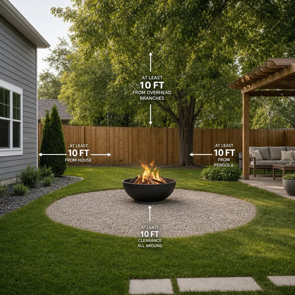backyard fire pit ideas: layouts, materials, budget & safety a backyard fire pit placed safely away from structures, fences, and branches.