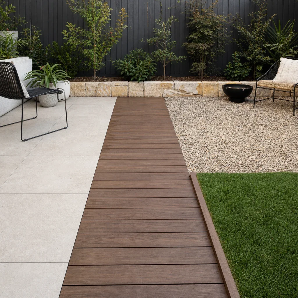 27 terraced house backyard ideas for small, stylish urban gardens a visual comparison of patio, decking, gravel, and lawn for a small backyard.