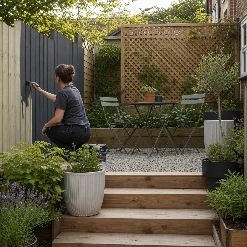 27 terraced house backyard ideas for small, stylish urban gardens a budget-friendly diy backyard refresh with paint, pots, gravel, and a bistro set.
