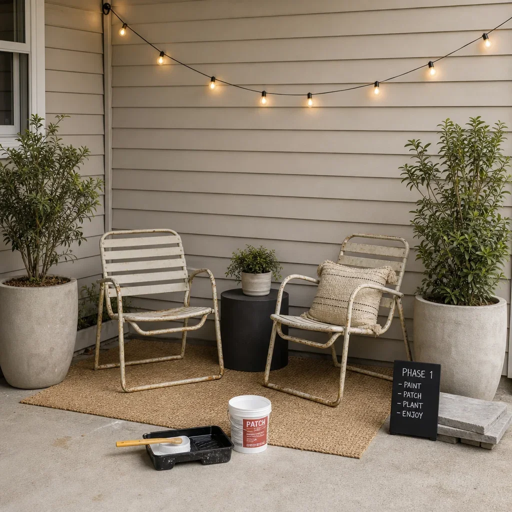 27 back patio slab ideas for plain, old, small, or cracked concrete a budget patio makeover setup with simple furniture, lights, and planters on concrete.