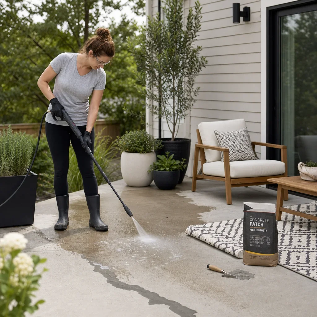 27 back patio slab ideas for plain, old, small, or cracked concrete a person cleans and patches a concrete patio as part of a patio refresh.