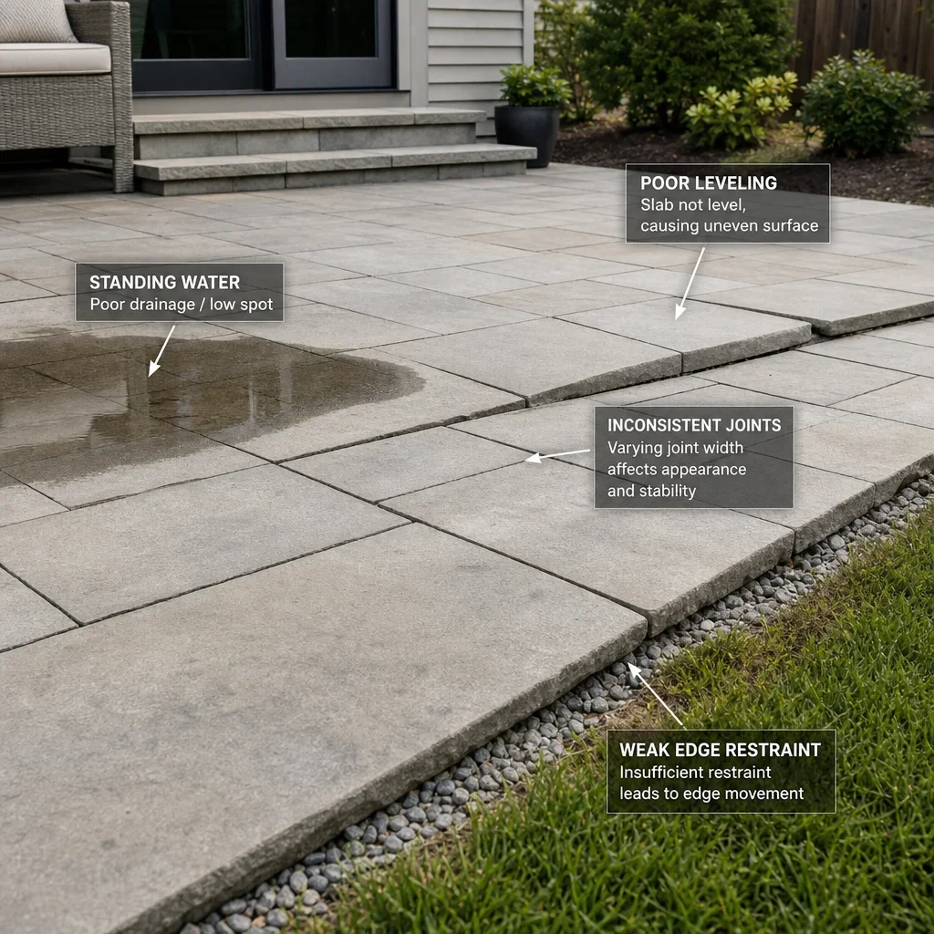 back garden slab ideas: 27 design ideas, layouts & budget tips a patio installation scene showing common slab-laying mistakes such as poor leveling and uneven joints.