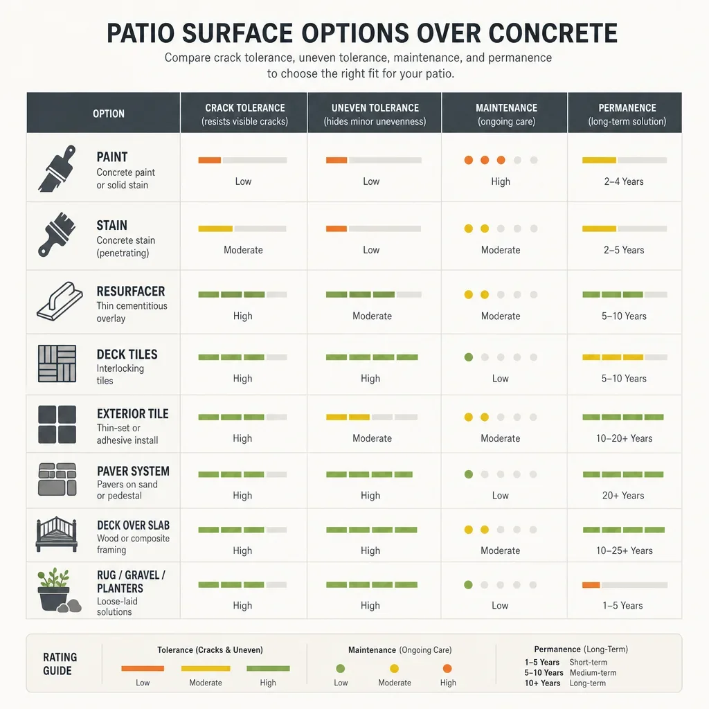 27 back patio slab ideas for plain, old, small, or cracked concrete a comparison chart of materials that can go on top of a concrete patio slab.
