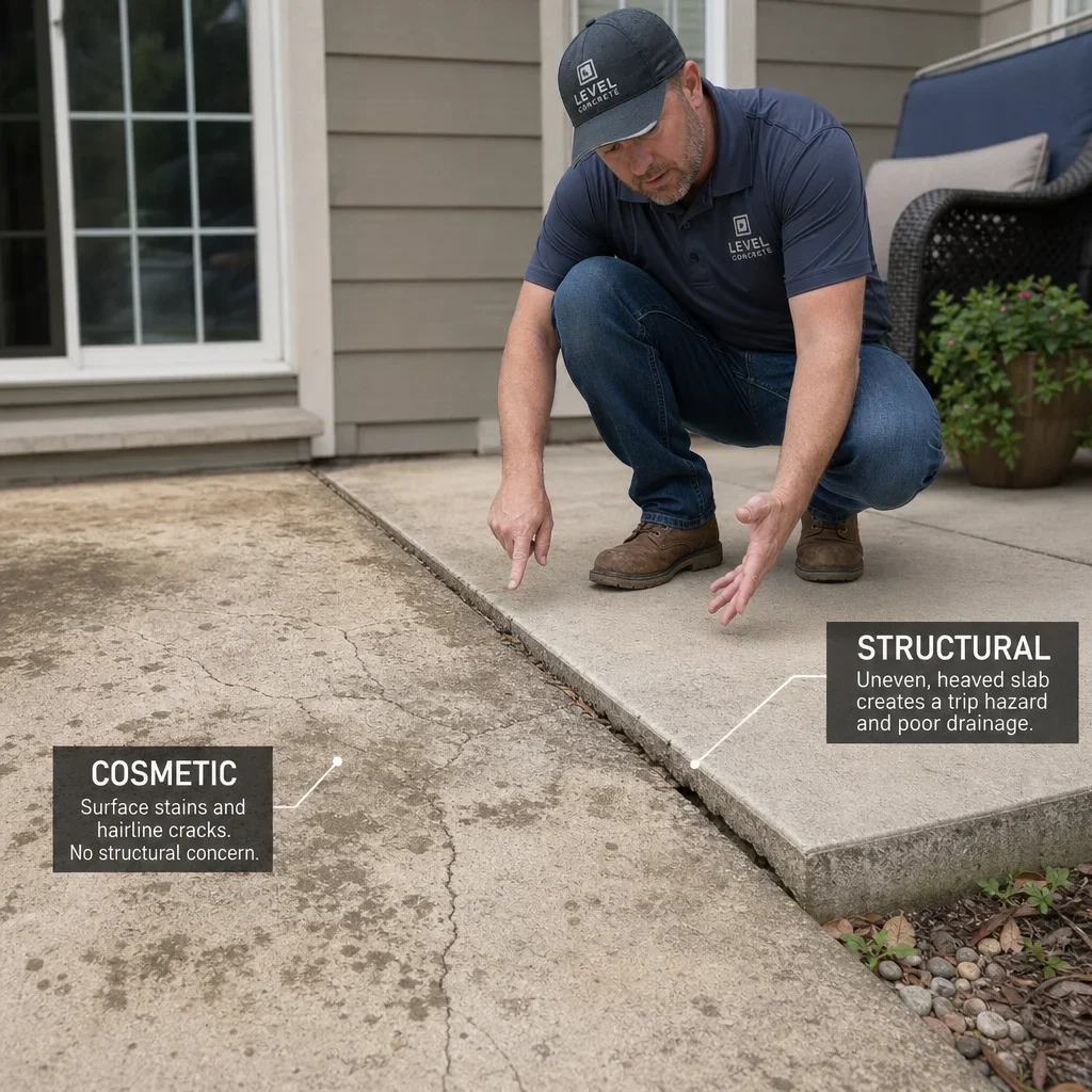 27 back patio slab ideas for plain, old, small, or cracked concrete a contractor examines a stained slab with hairline cracks and an uneven section.