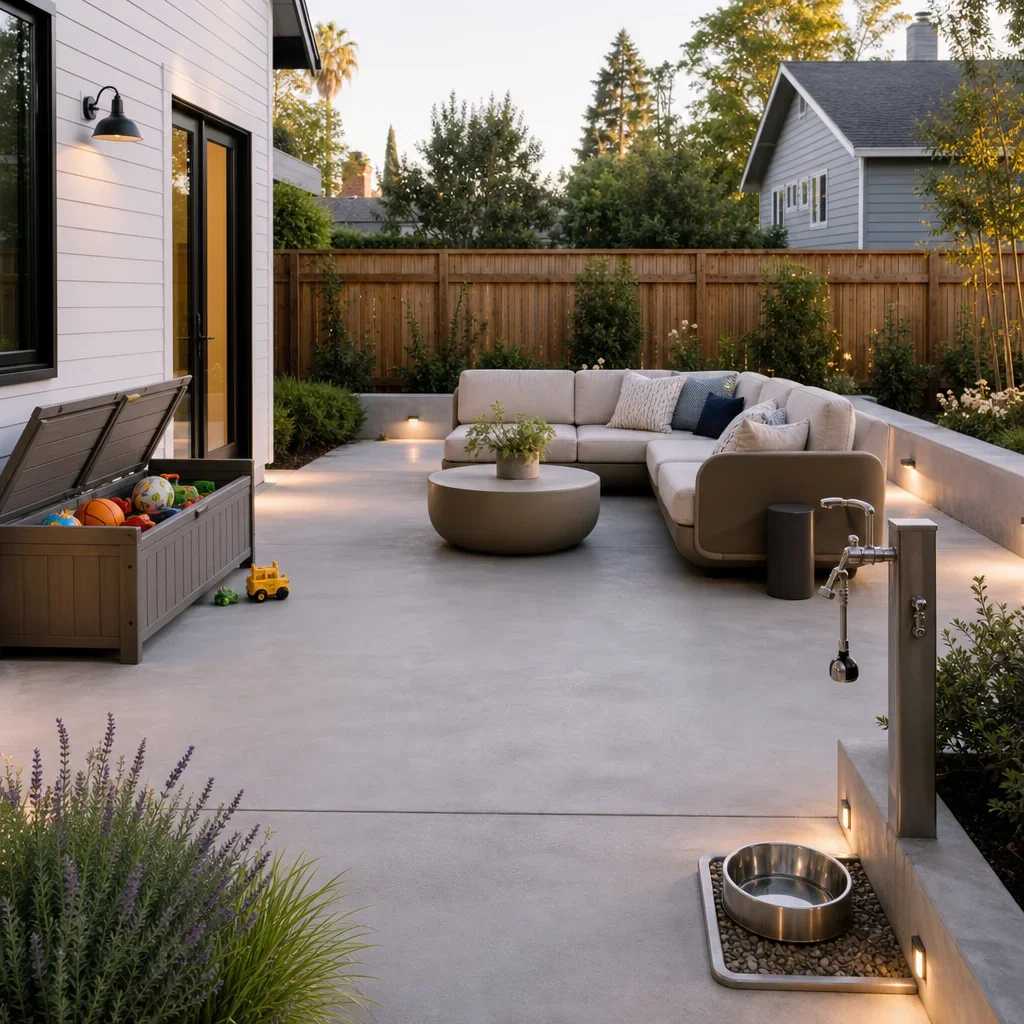 27 back patio slab ideas for plain, old, small, or cracked concrete a family-friendly patio with pet-friendly features, storage, and clear circulation.