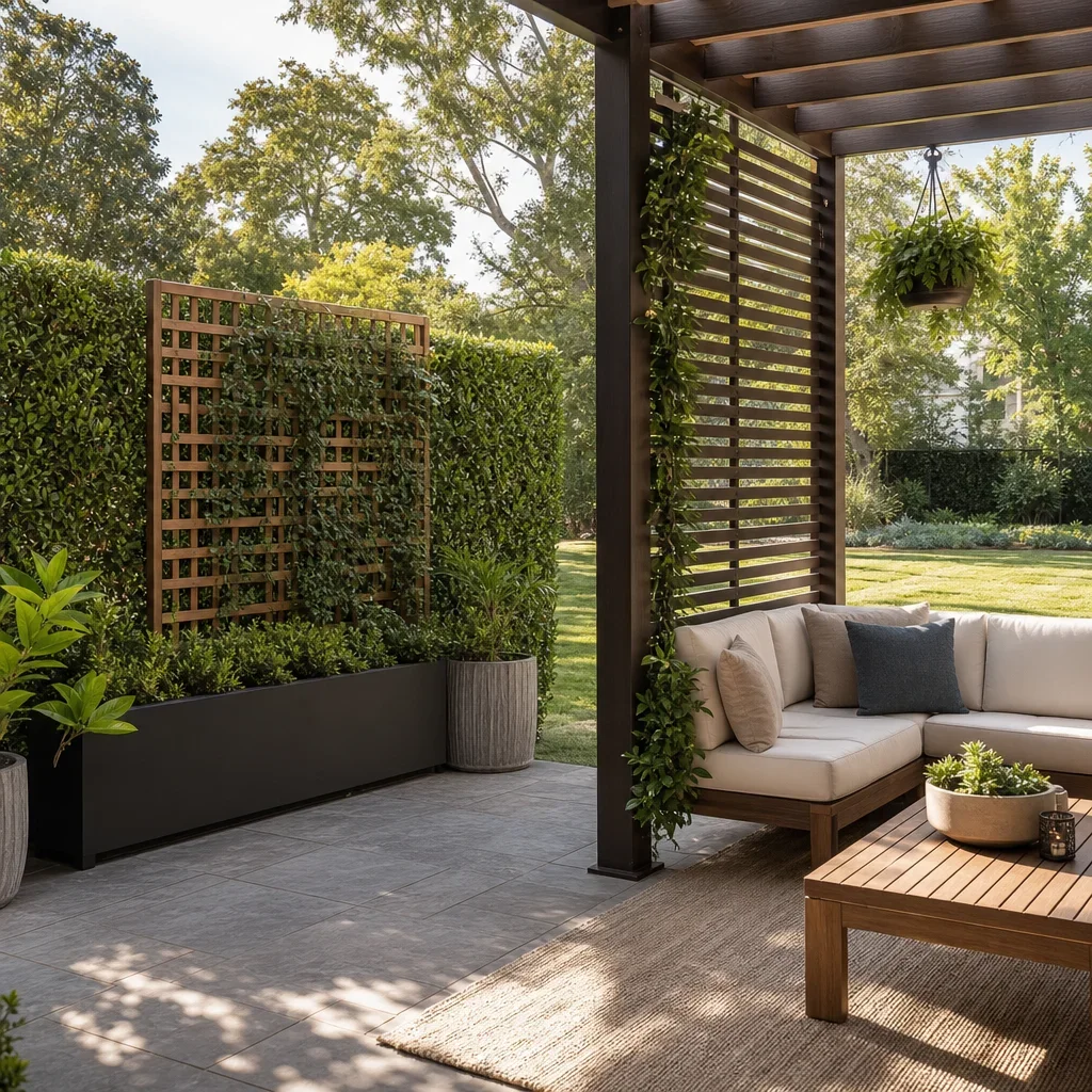 backyard garden fence ideas: 33 designs by budget, privacy & style a backyard patio screened with hedges, trellis panels, and planter screens instead of a full fence.