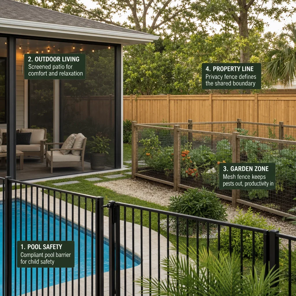 backyard garden fence ideas: 33 designs by budget, privacy & style a backyard showing different fence solutions for pool, patio, garden, and shared boundary areas.