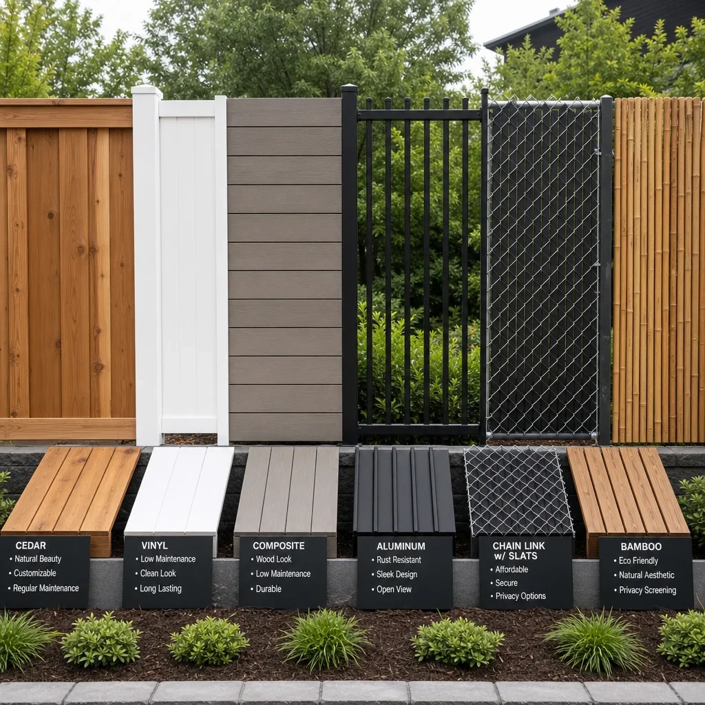 backyard garden fence ideas: 33 designs by budget, privacy & style fence material samples displayed side by side for comparison.