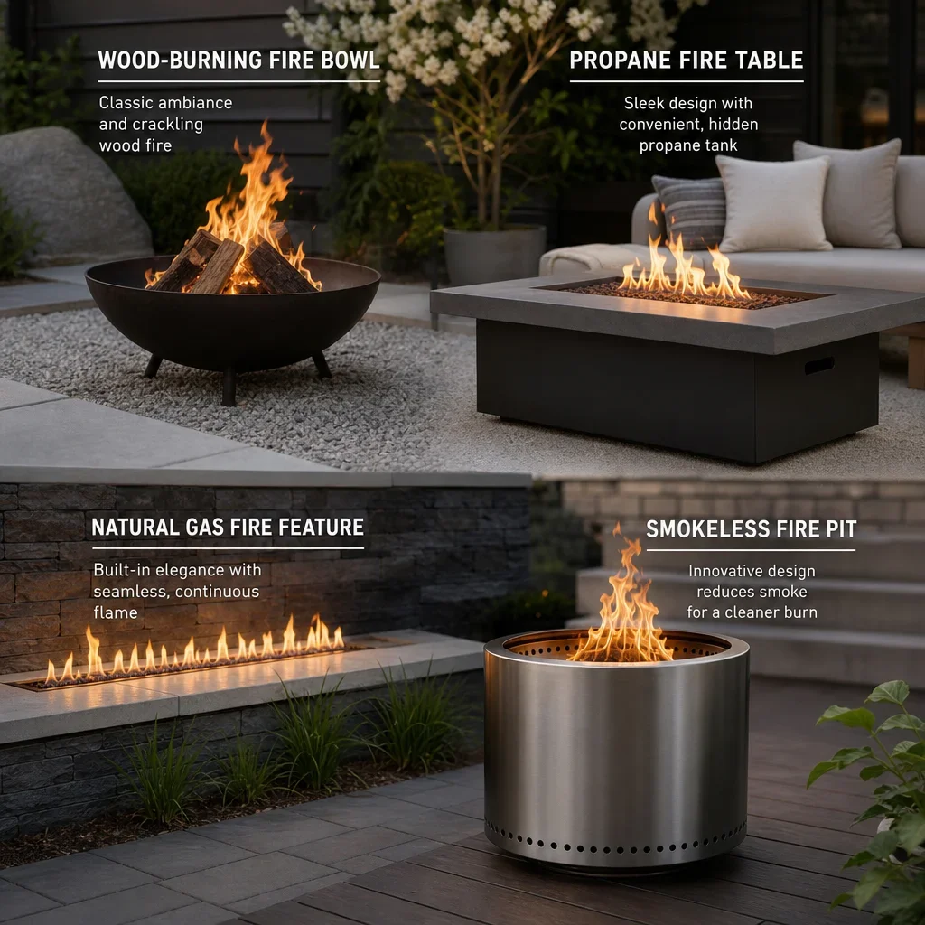 backyard fire pit ideas: layouts, materials, budget & safety a comparison of wood-burning, propane, natural gas, and smokeless fire pit types.