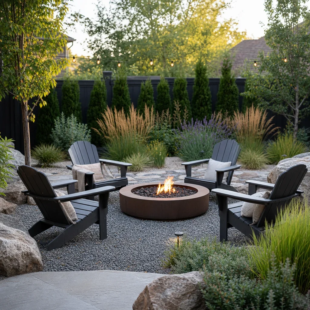backyard fire pit ideas: layouts, materials, budget & safety a fire pit area landscaped with gravel, grasses, shrubs, and privacy planting.