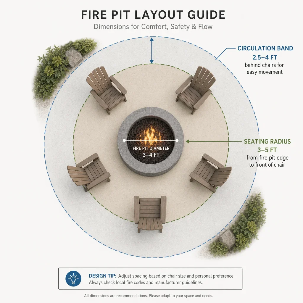 backyard fire pit ideas: layouts, materials, budget & safety a diagram showing fire pit diameter, seating radius, and circulation space.