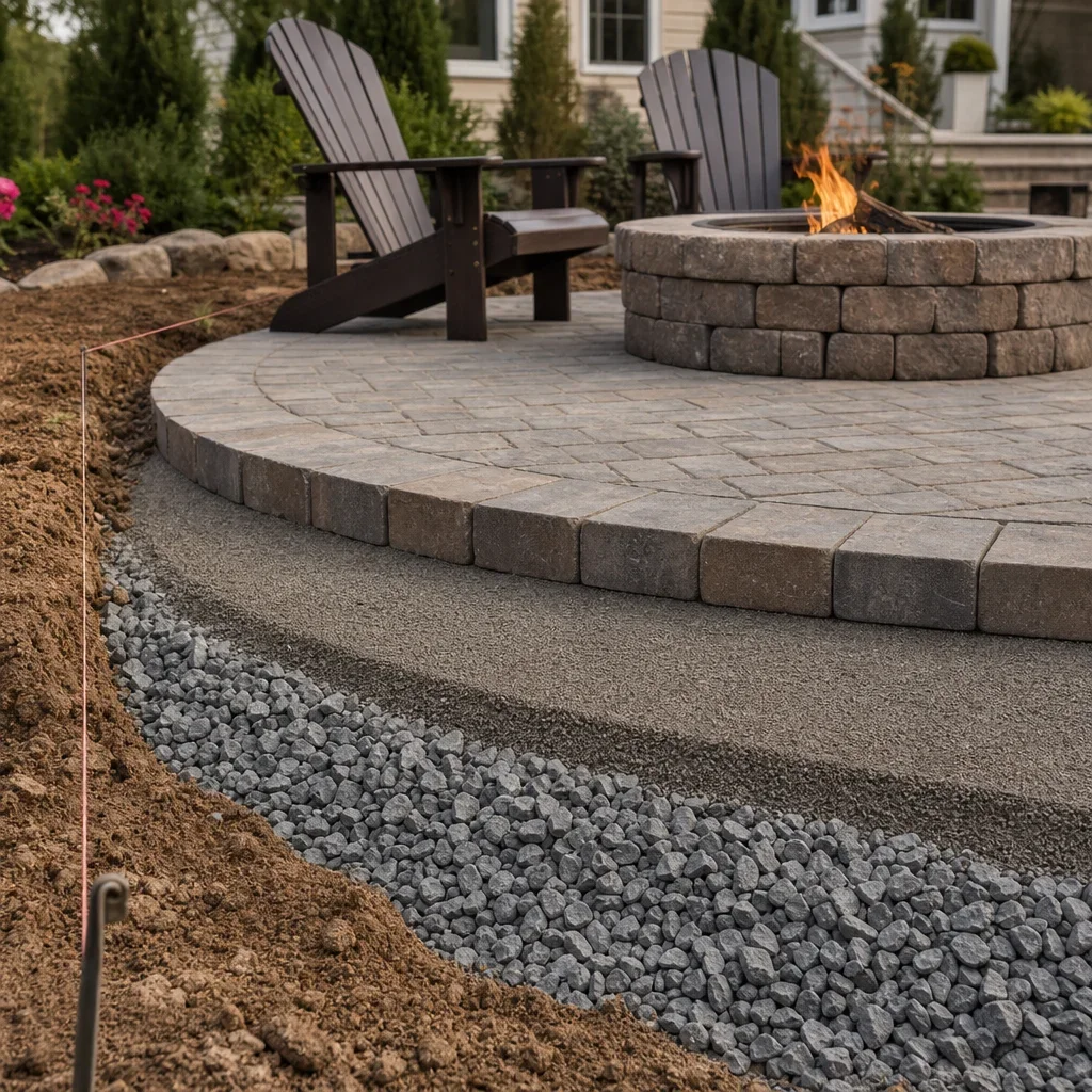 backyard fire pit ideas: layouts, materials, budget & safety a layered fire pit patio base with gravel, leveling layer, and finished pavers.