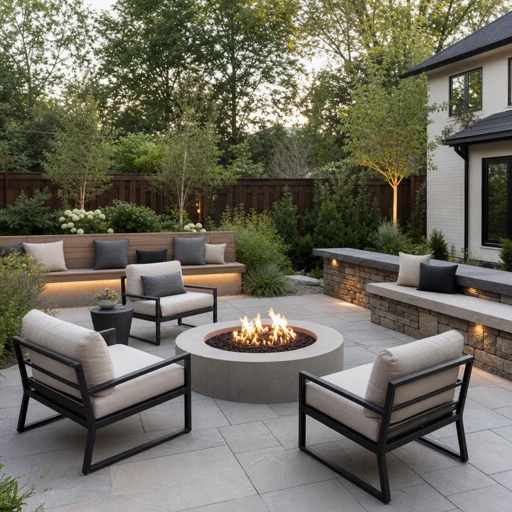 backyard fire pit ideas: layouts, materials, budget & safety a backyard fire pit area with chairs, a bench, and a seating wall.