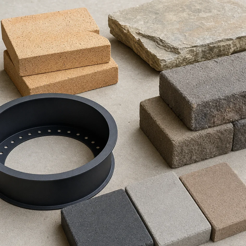 backyard fire pit ideas: layouts, materials, budget & safety a close-up display of fire pit surround materials including stone, block, brick, and steel.