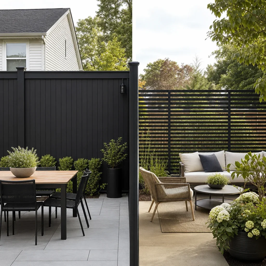 backyard garden fence ideas: 33 designs by budget, privacy & style backyard comparison of a full privacy fence and a semi-private slatted fence.