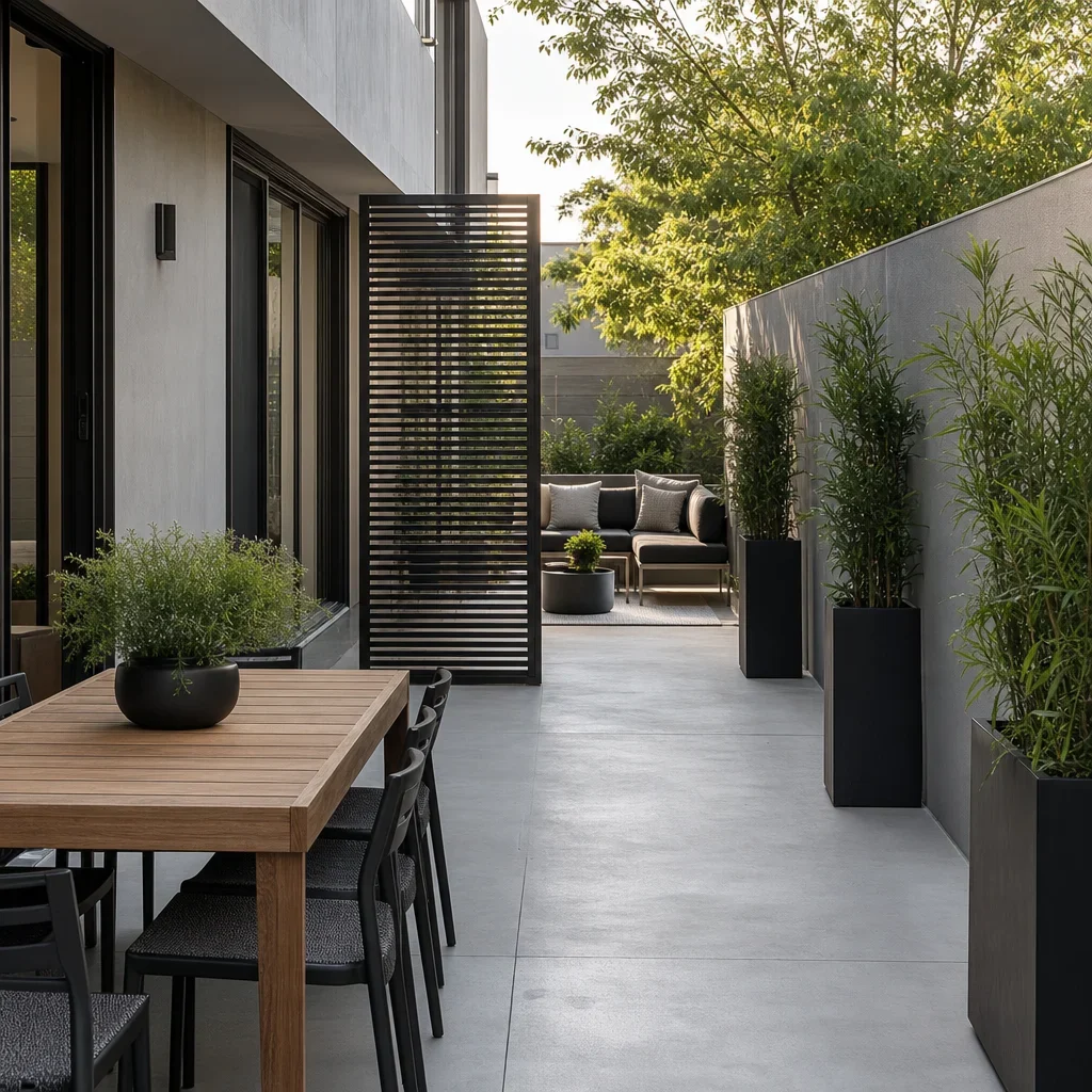 27 back patio slab ideas for plain, old, small, or cracked concrete a long narrow patio slab divided into dining, privacy, and lounge zones.