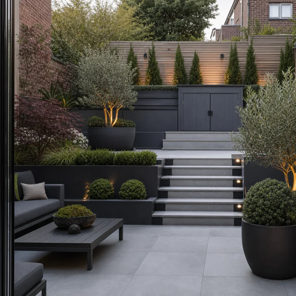 27 terraced house backyard ideas for small, stylish urban gardens a low-maintenance terraced backyard with paving, gravel, evergreens, and storage.