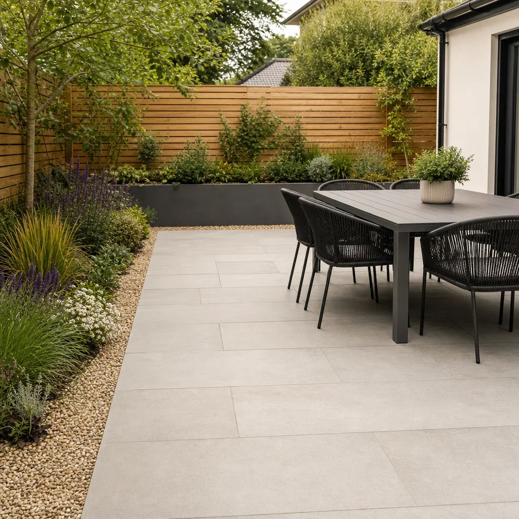 back garden slab ideas: 27 design ideas, layouts & budget tips a modern back garden slab patio with a simple gravel border and outdoor dining area.