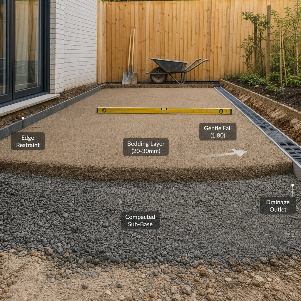 back garden slab ideas: 27 design ideas, layouts & budget tips a patio build-up showing drainage, base layers, levels, and edge restraint during planning.