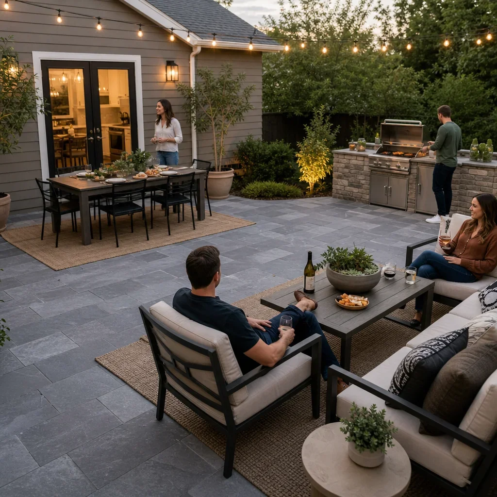 27 back patio slab ideas for plain, old, small, or cracked concrete a patio divided into dining, lounge, and grill zones for entertaining.
