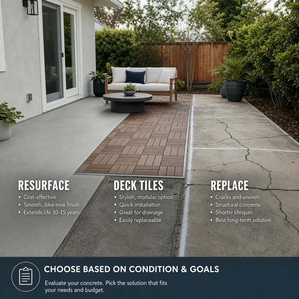 27 back patio slab ideas for plain, old, small, or cracked concrete a comparison of resurfacing, covering with deck tiles, and replacing a damaged patio slab.